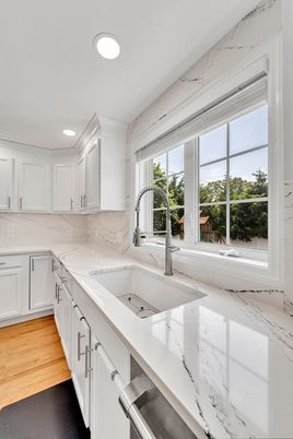 Interior, Kitchen, Marble Walls, Recessed Lighting, Wood Texture Flooring