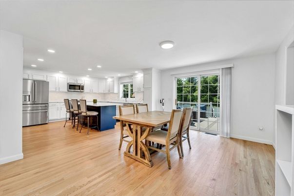 Dining room, Interior, Kitchen, Recessed Lighting, Stainless Steel Appliances, Wood Texture Flooring