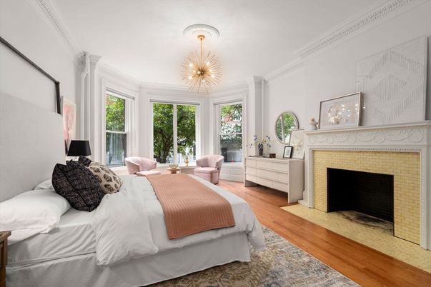 Bedroom, Fireplace, Interior, Pendant Lights, Wood Texture Flooring