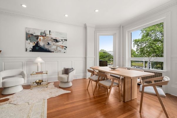 Dining room, Interior, Recessed Lighting, Wood Texture Flooring