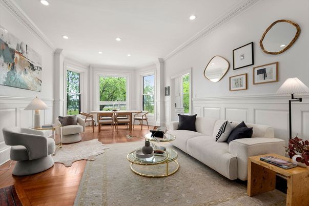 Dining room, Interior, Living room, Recessed Lighting, Wood Texture Flooring