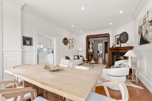 Dining room, Fireplace, Interior, Living room, Recessed Lighting, Wood Texture Flooring