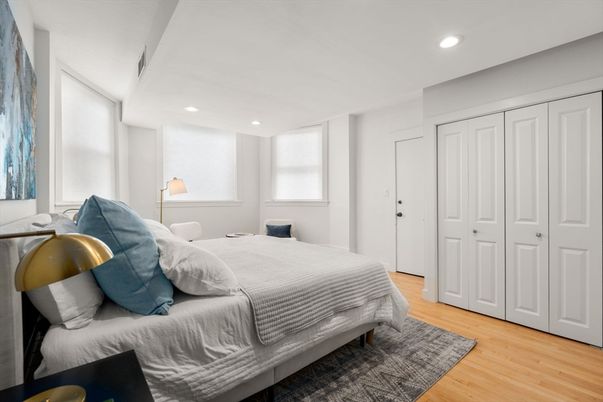 Bedroom, Interior, Recessed Lighting, Wood Texture Flooring