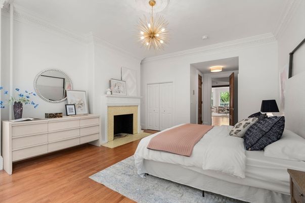 Bedroom, Fireplace, Interior, Pendant Lights, Wood Texture Flooring
