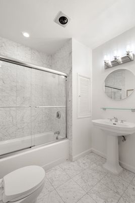 Bathroom, Glass Shower, Interior, Marble, Marble Walls, Recessed Lighting
