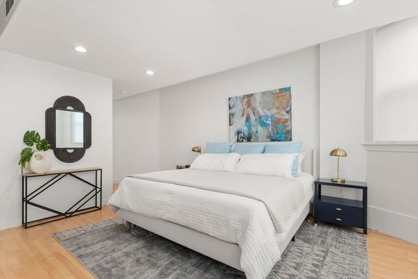 Bedroom, Interior, Recessed Lighting, Wood Texture Flooring