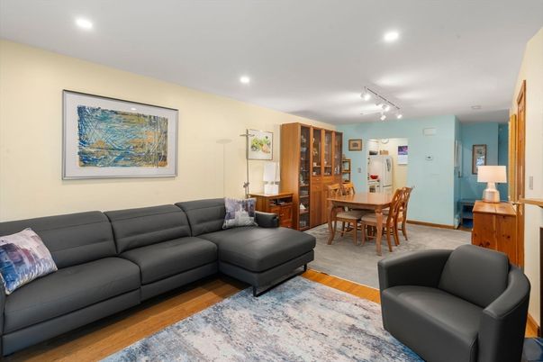 Dining room, Interior, Living room, Recessed Lighting, Wood Texture Flooring