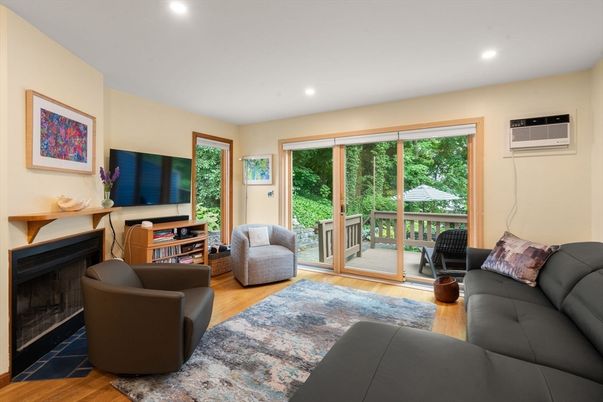 Fireplace, Interior, Living room, Recessed Lighting, Wood Texture Flooring