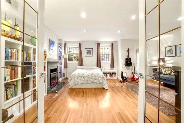 Bedroom, Fireplace, Interior, Recessed Lighting, Wood Texture Flooring