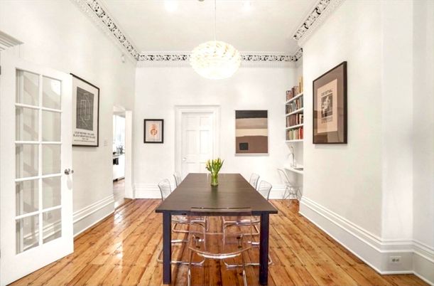 Dining room, Interior, Pendant Lights, Wood Texture Flooring