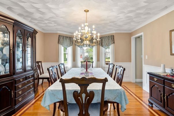 Chandelier, Dining room, Interior, Wood Texture Flooring