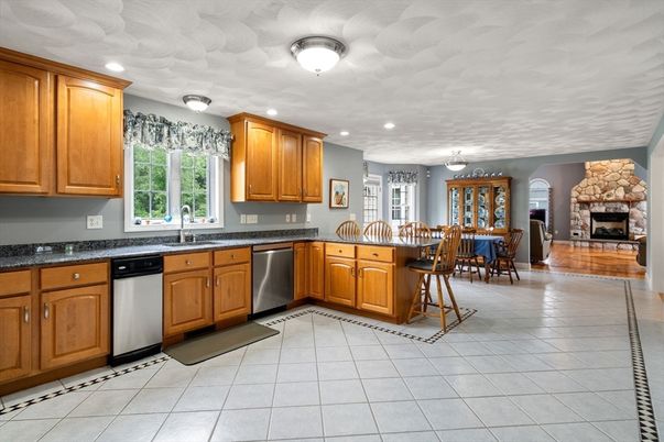Dining room, Fireplace, Interior, Kitchen, Recessed Lighting, Stainless Steel Appliances