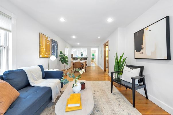 Dining room, Interior, Living room, Recessed Lighting, Wood Texture Flooring