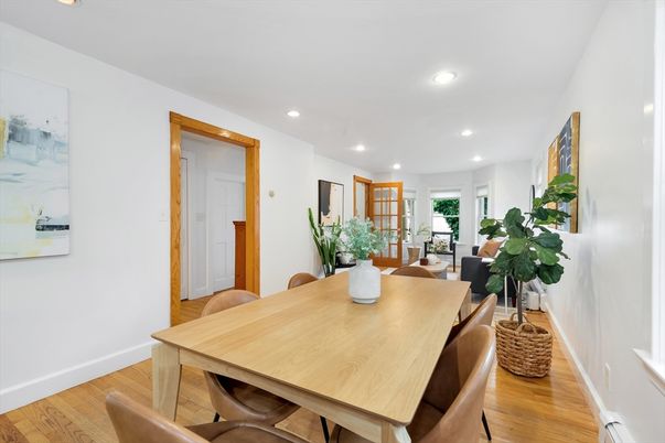 Dining room, Interior, Recessed Lighting, Wood Texture Flooring