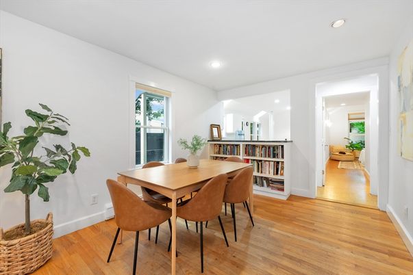Dining room, Interior, Recessed Lighting, Wood Texture Flooring