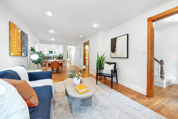 Dining room, Interior, Living room, Recessed Lighting, Wood Texture Flooring