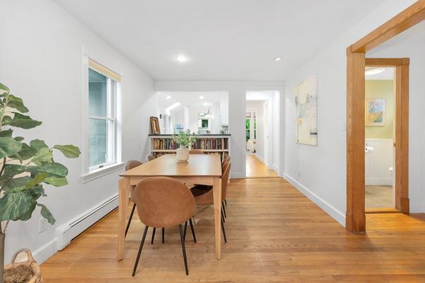 Dining room, Interior, Recessed Lighting, Wood Texture Flooring