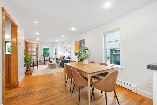 Dining room, Interior, Living room, Recessed Lighting, Wood Texture Flooring