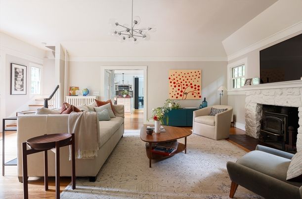 Fireplace, Interior, Living room, Pendant Lights, Wood Texture Flooring