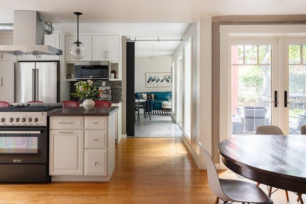 Dining room, Interior, Kitchen, Pendant Lights, Stainless Steel Appliances, Wood Texture Flooring