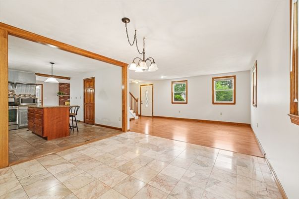 Chandelier, Dining room, Empty room, Interior, Kitchen, Pendant Lights, Wood Texture Flooring