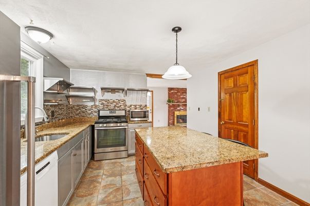 Fireplace, Interior, Kitchen, Pendant Lights, Stainless Steel Appliances