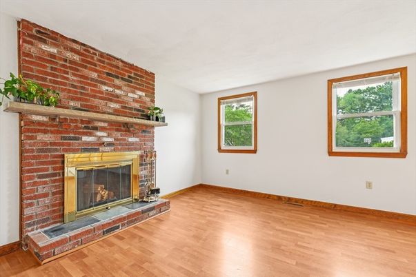 Empty room, Fireplace, Interior, Stone Walls, Wood Texture Flooring