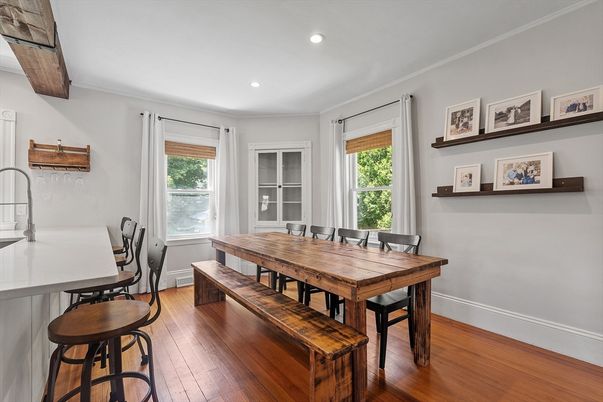 Dining room, Interior, Recessed Lighting, Wood Texture Flooring