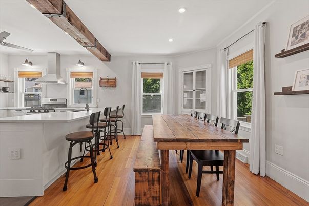 Dining room, Interior, Kitchen, Recessed Lighting, Stainless Steel Appliances, Wood Texture Flooring