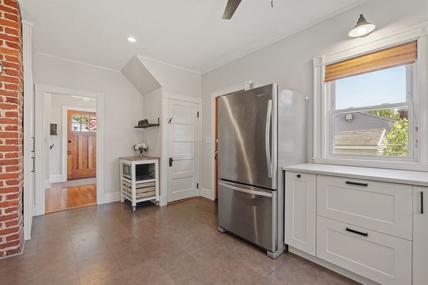 Interior, Kitchen, Recessed Lighting, Stainless Steel Appliances, Stone Walls, Wood Texture Flooring
