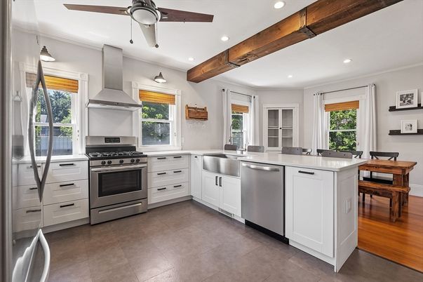 Dining room, Interior, Kitchen, Recessed Lighting, Stainless Steel Appliances, Wooden Beams, Wood Texture Flooring