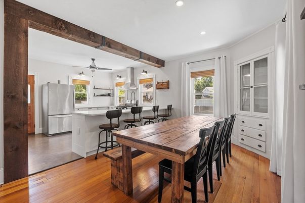 Dining room, Interior, Kitchen, Recessed Lighting, Wooden Beams, Wood Texture Flooring