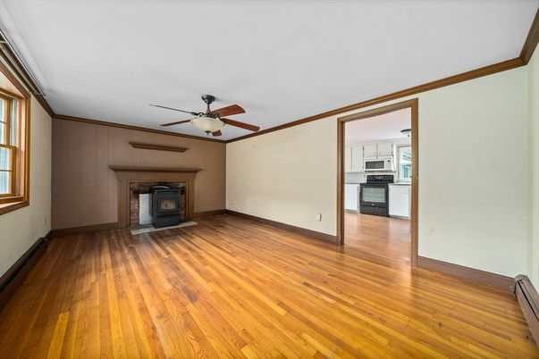 Empty room, Fireplace, Interior, Kitchen, Wood Texture Flooring