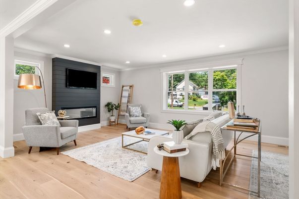 Fireplace, Interior, Living room, Recessed Lighting, Wood Texture Flooring