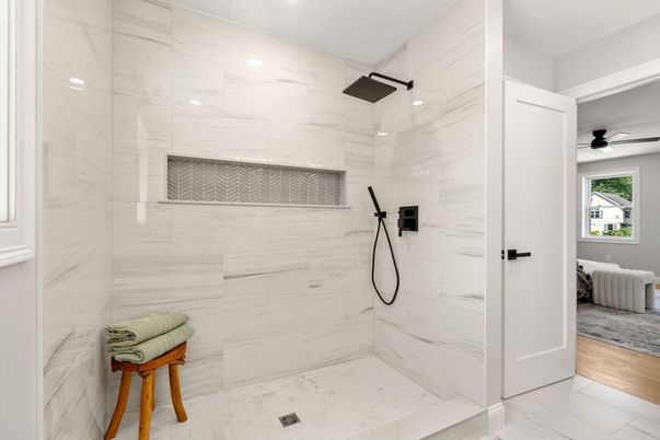 Bathroom, Glass Shower, Interior, Marble, Marble Walls, Wood Texture Flooring