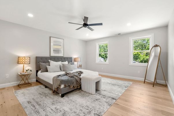 Bedroom, Interior, Recessed Lighting, Wood Texture Flooring