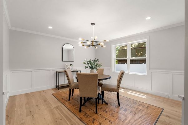Dining room, Interior, Pendant Lights, Recessed Lighting, Wood Texture Flooring