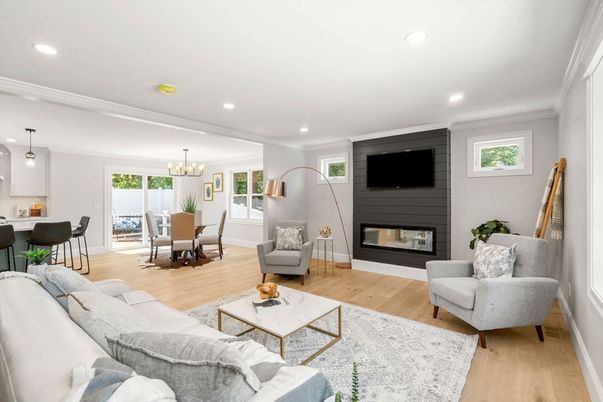 Chandelier, Dining room, Fireplace, Interior, Living room, Pendant Lights, Recessed Lighting, Wood Texture Flooring