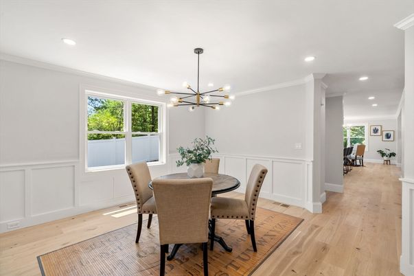 Dining room, Interior, Pendant Lights, Recessed Lighting, Wood Texture Flooring