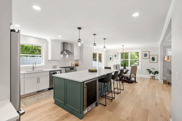Dining room, Interior, Kitchen, Pendant Lights, Recessed Lighting, Stainless Steel Appliances, Wood Texture Flooring