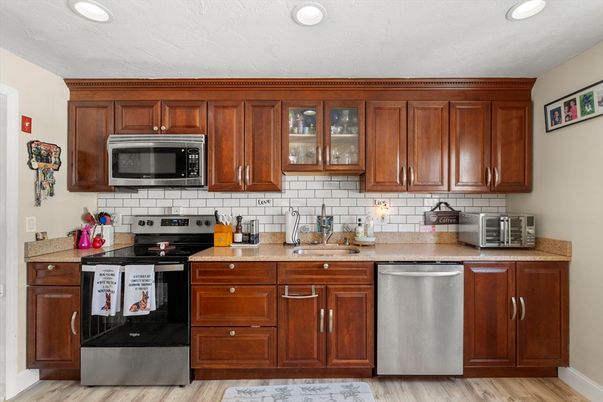 Interior, Kitchen, Recessed Lighting, Stainless Steel Appliances, Wood Texture Flooring