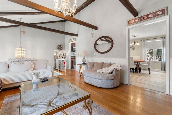 Chandelier, Dining room, Interior, Living room, Pendant Lights, Wooden Beams, Wood Texture Flooring