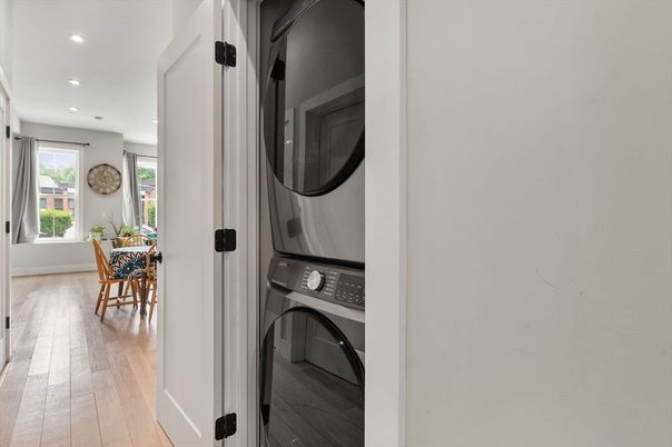 Dining room, Interior, Recessed Lighting, Utility Closets, Washer, Wood Texture Flooring