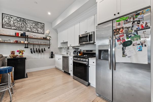 Interior, Kitchen, Recessed Lighting, Stainless Steel Appliances, Wood Texture Flooring