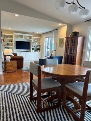 Dining room, Interior, Living room, Recessed Lighting, Wood Texture Flooring