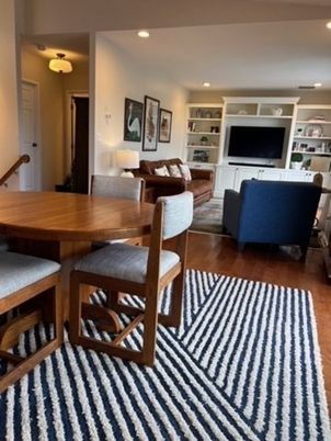 Dining room, Interior, Living room, Recessed Lighting, Wood Texture Flooring