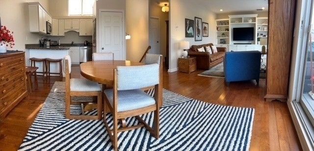 Dining room, Interior, Kitchen, Living room, Recessed Lighting, Wood Texture Flooring