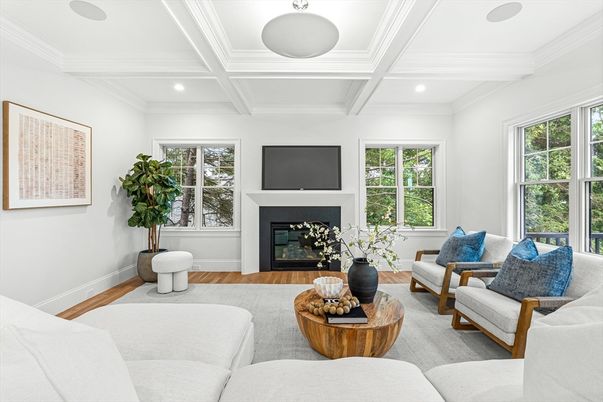 Fireplace, Interior, Living room, Recessed Lighting, Wood Texture Flooring