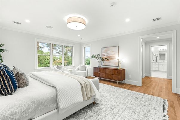 Bedroom, Interior, Recessed Lighting, Wood Texture Flooring