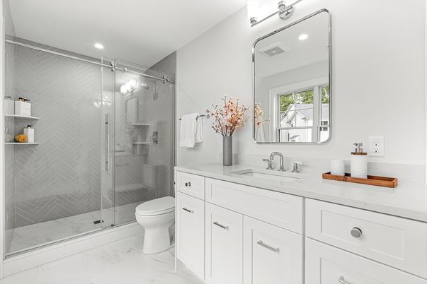 Bathroom, Glass Shower, Interior, Marble, Recessed Lighting